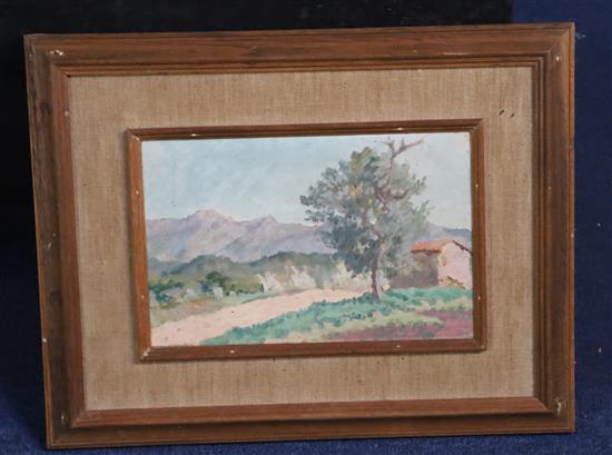 Rupert Charles Wulsten Bunny (1864-1947) Cottage and tree in a mediterranean landscape 6 x 9.25in.